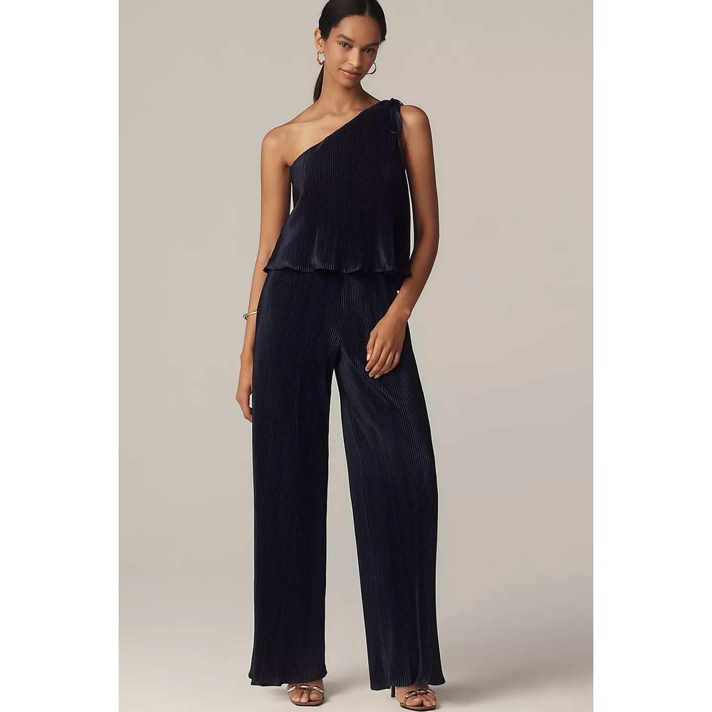 En Elly Jumpsuit Women Medium NWT Navy Blue Twofer Plisse Anthropologie Wide Leg